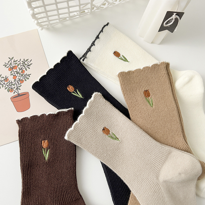 Socks for women lace embroidered pure cotton women's middle socks spring and summer thin breathable girls' college style stockings
