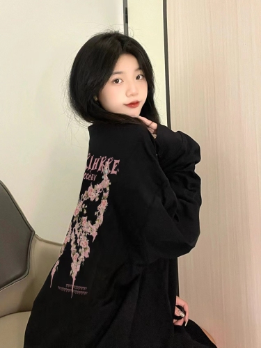 Oversize front shoulder sweatshirt autumn new women's American tops niche black chic sweet jacket trendy