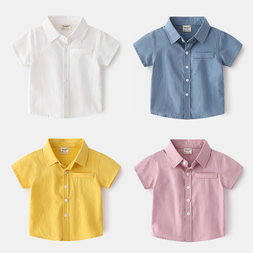 New summer style cotton short-sleeved shirts for small and medium-sized boys, single-color lapel design, casual and trendy children's short-sleeved shirts