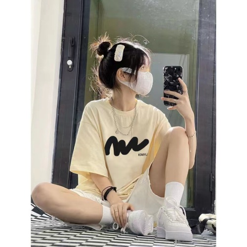 Pure cotton 200g quality goods + back bag collar short-sleeved printed T-shirt shoulder-loose mid-length summer top