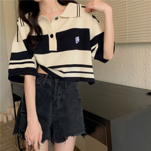 Knitted polo shirt T-shirt for women's summer new design niche striped front shoulder slim and unique small shirt