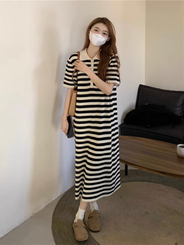Striped Polo neck short-sleeved dress for women new slim French retro style long skirt