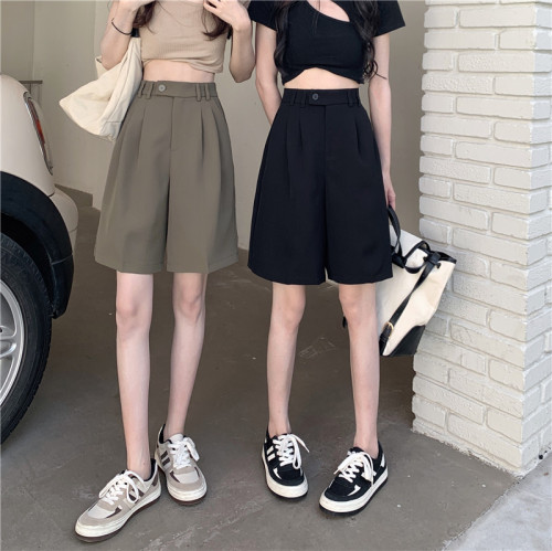 Five-point wide-leg pants for women in spring and summer Korean new high-waist slimming black loose straight casual pants ns