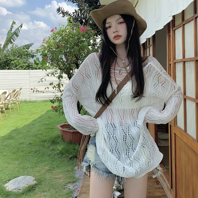 Seaside white hollow thin knitted sunscreen blouse for women in spring, design, V-neck chic perspective top