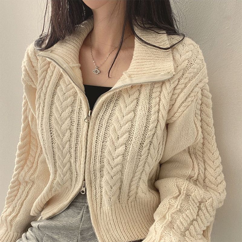 Twist Zipper Retro Lapel Knitted Cardigan Sweater Spring and Autumn Korean New Loose Jacket Top