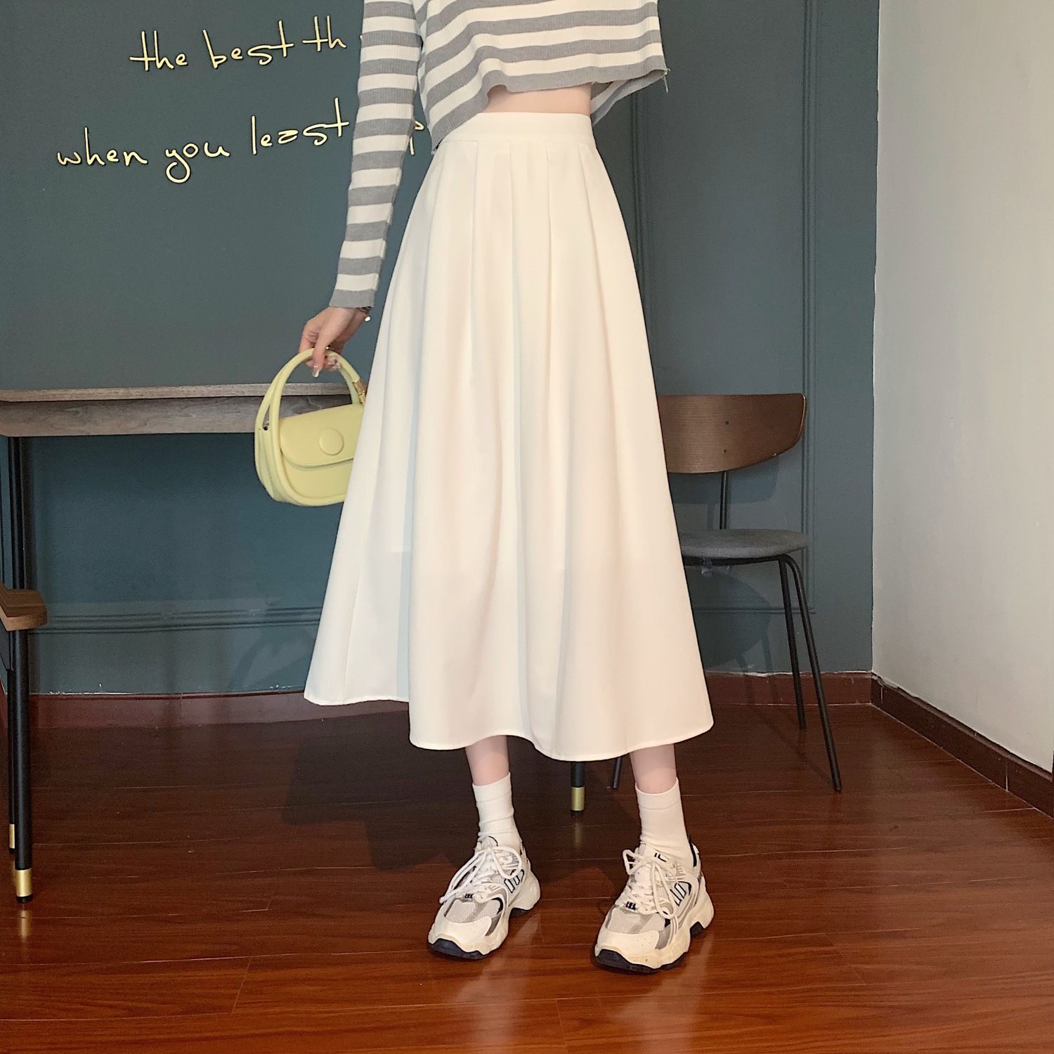 White casual suit fabric pleated skirt skirt for women in summer high waist slim draped a line midi skirt