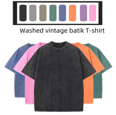 230g pure cotton wash and old T-shirt American retro fried snowflake batik round neck short sleeves full cotton shoulder short sleeves