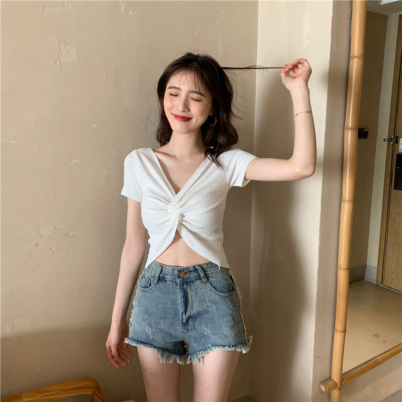 【Exquisite Style】New Korean style style, solid color base, careful cross short-sleeved T-shirt for women, slim knitted tops for women