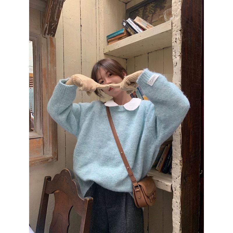 Lazy style soft and glutinous sweater round neck pullover warm top healing candy color new layered sweater