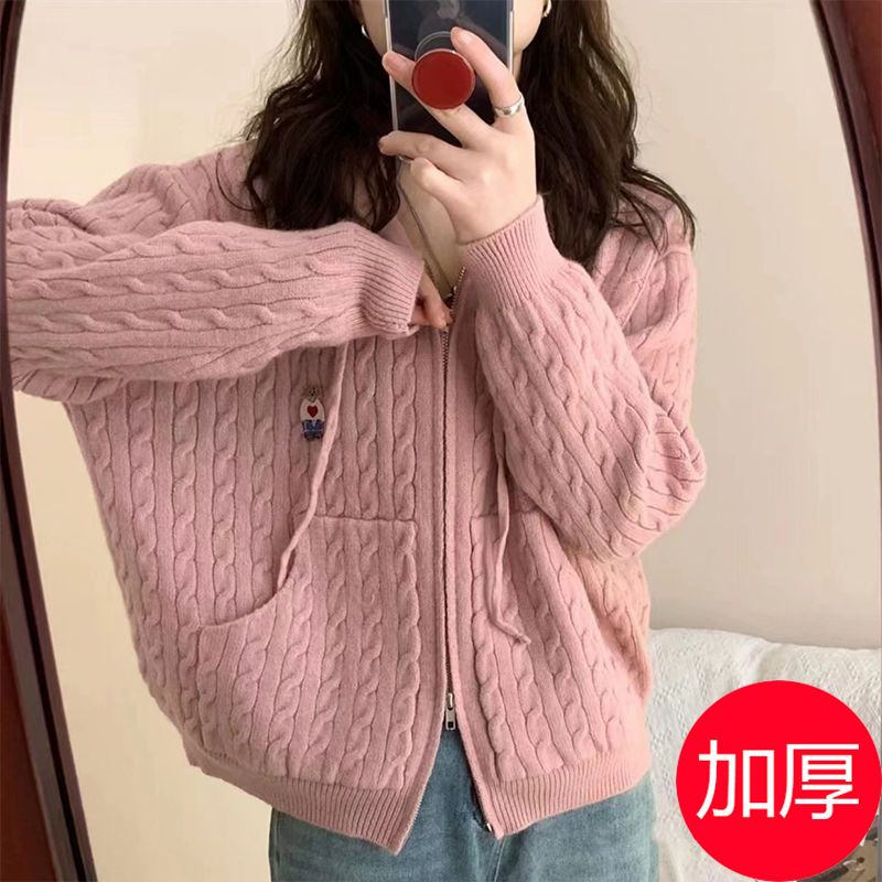 Hooded knitted cardigan for women in spring and autumn new style, solid color, Korean style loose and slim, versatile zipper sweater jacket trendy
