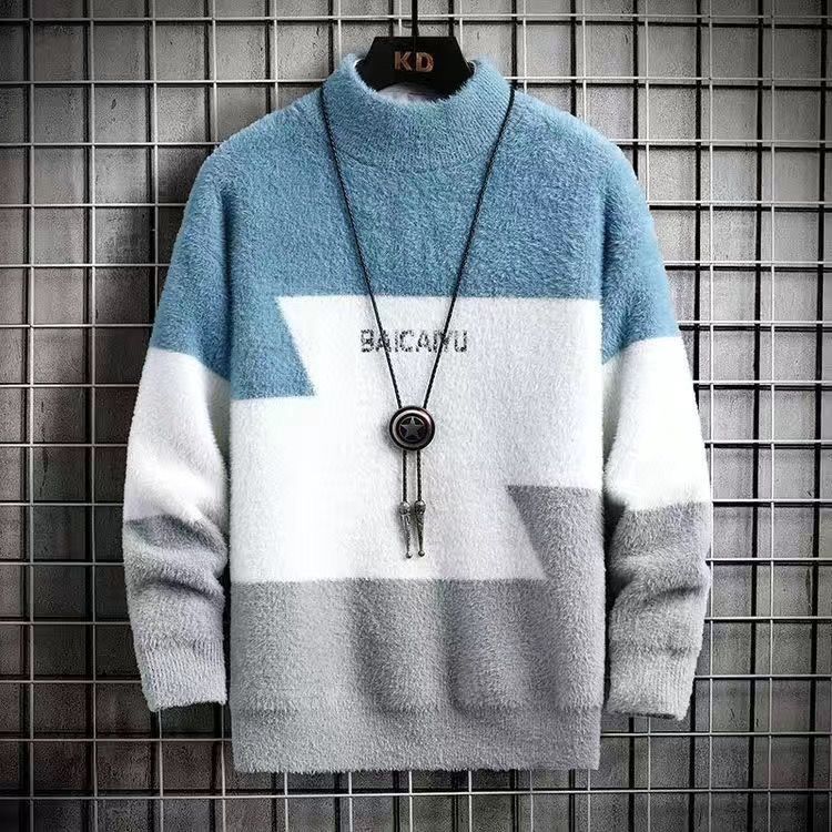 Imitation mink plush sweater for men in winter new warm plush thickened middle collar young men pullover knit sweater