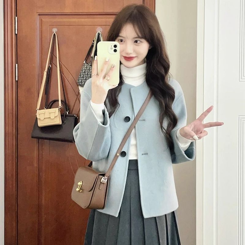 High-end light luxury blue woolen coat for women's autumn and winter clothes new Korean version of small casual short woolen coat