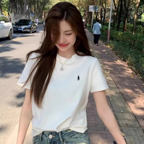 New Design Little Pony Embroidered Crew Neck Short Sleeve T-Shirt Slim Fit White Summer Top Underwear for Women Trendy