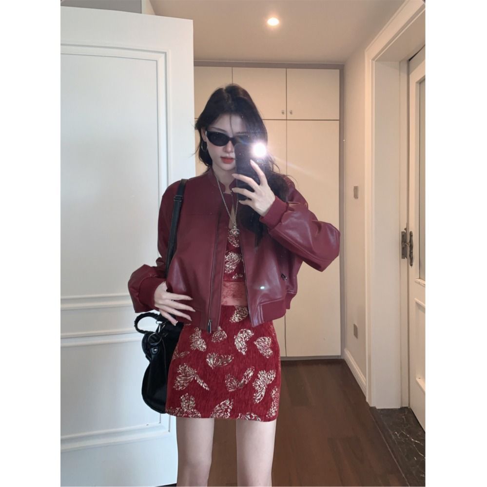 Red leather jacket for women 2025 spring new high-end small American retro short motorcycle jacket