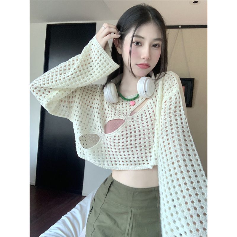 Short sunscreen blouse long-sleeved sweater for women's spring new pure desire loose scheming hollow top ins