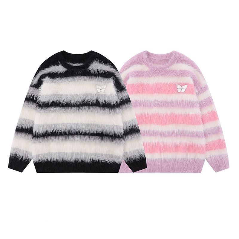 Imitation mink sweater for women in winter new lazy style loose knitted sweater furry fluffy off-shoulder top trendy