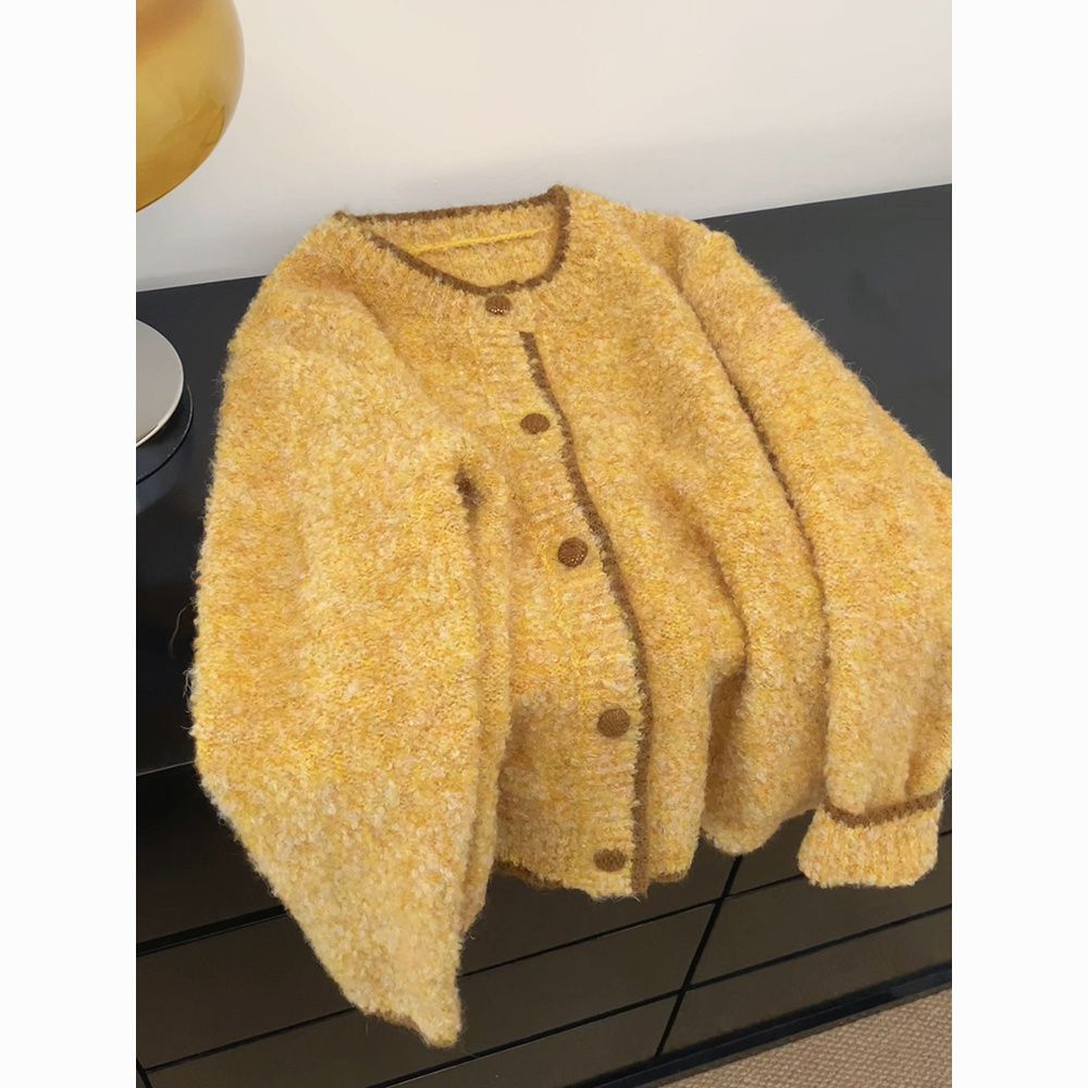 Lazy loose niche flower mixed circle sweater jacket for women's autumn and winter design high-end yellow knitted cardigan