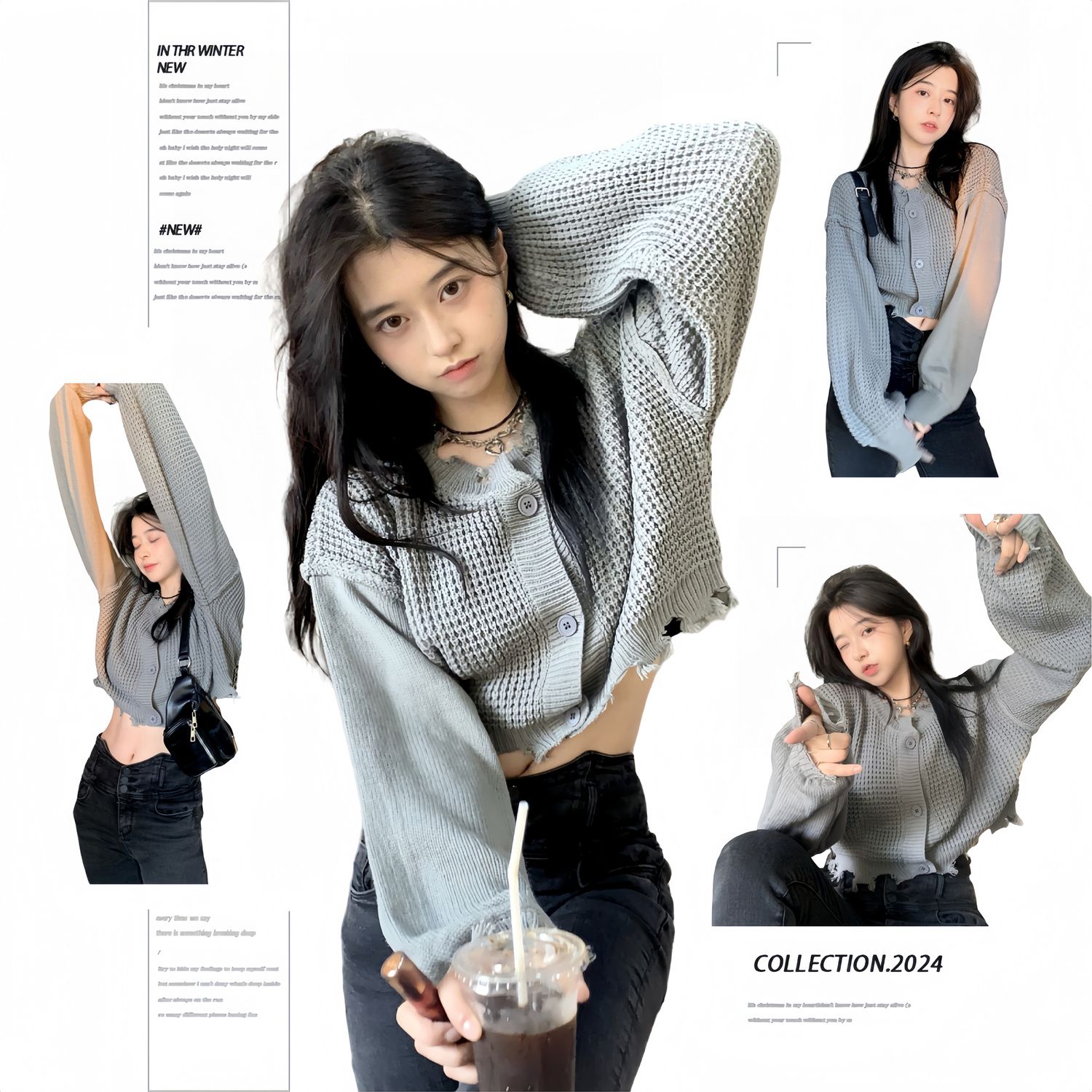 Short ripped sweater jacket cardigan for women autumn asymmetric loose design niche long sleeve knitted gray top