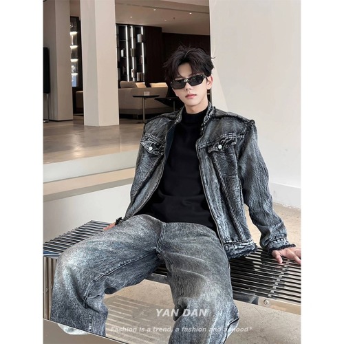 American retro old breasted black denim jacket high-end vintage motorcycle suit denim jacket men