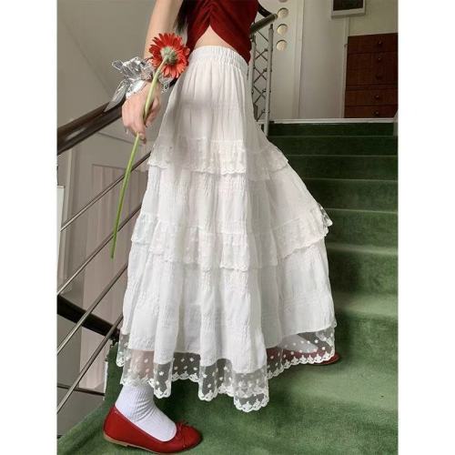 White design lace cake skirt for women with spring and summer high waist French long skirt big skirt hem A-line skirt