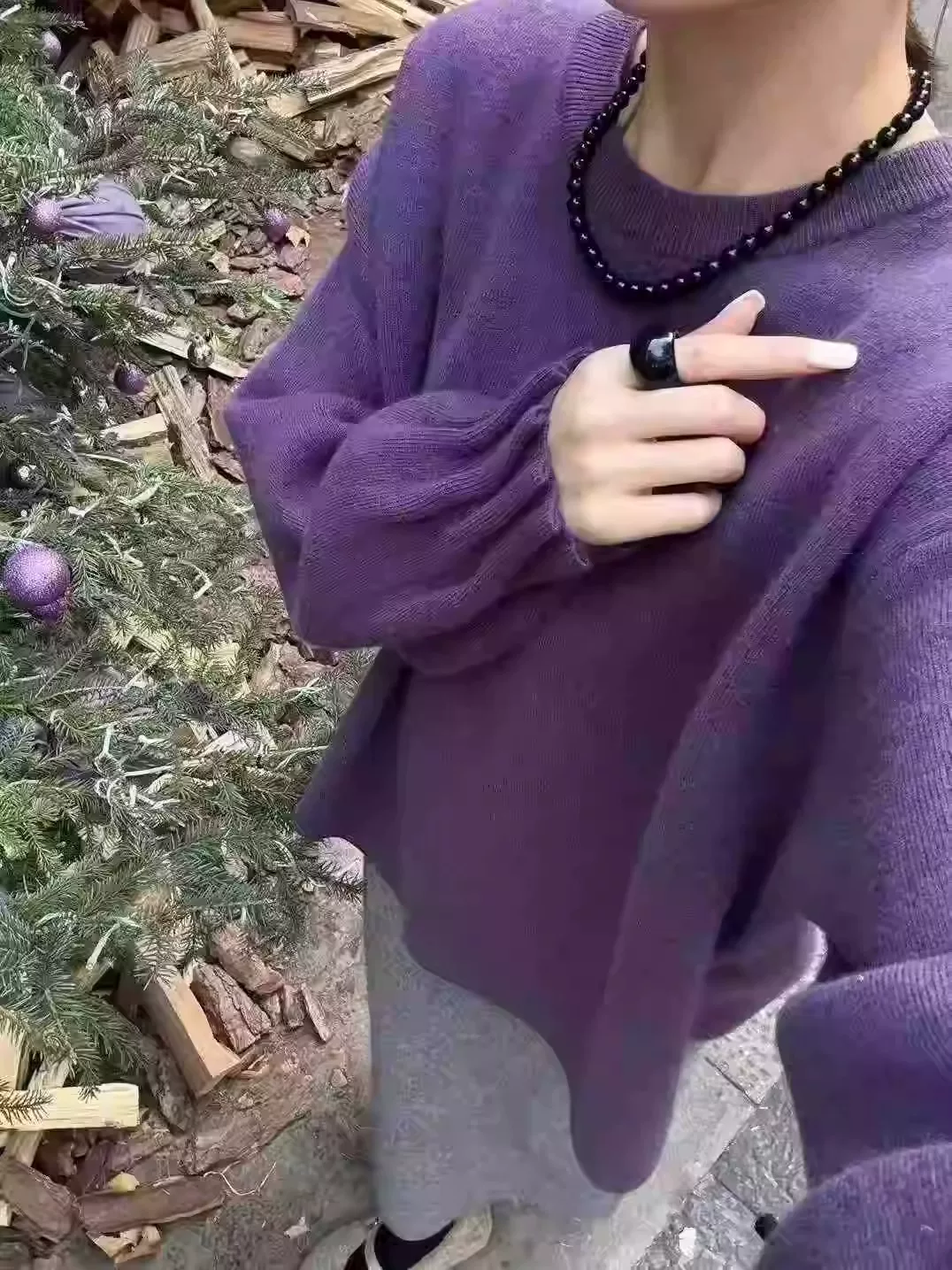 New 2025 early spring design, cuffs, pleated lazy style loose pullover knit sweater purple sweater top for women
