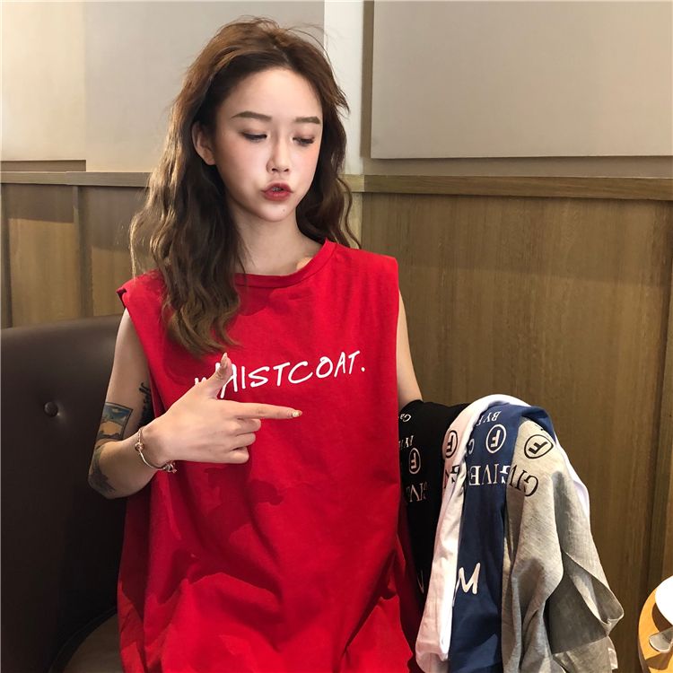 New summer Korean version of internet celebrity loose bf style mid-length sleeveless T-shirt women's top ins trendy outer wear vest