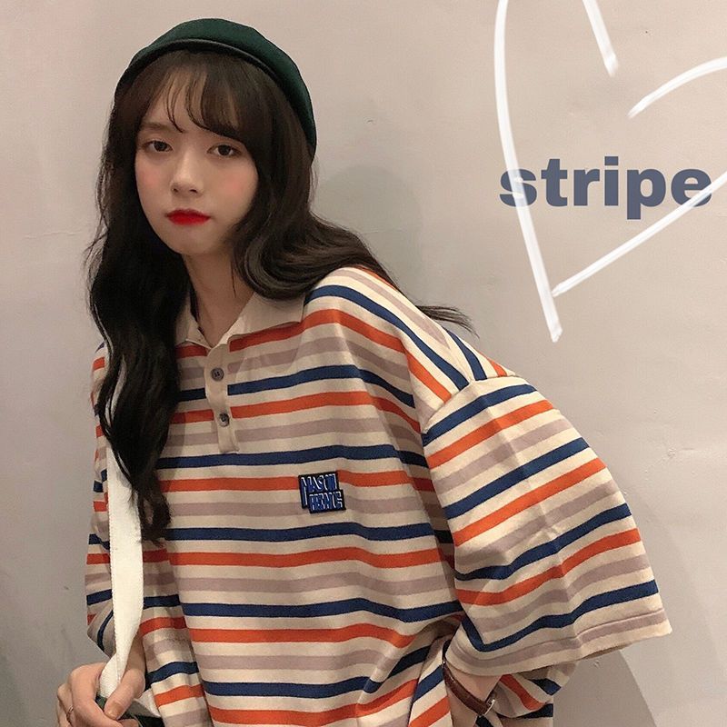 Polo shirt short-sleeved top 2024 new summer loose mid-length Harajuku style striped large size T-shirt women's neck