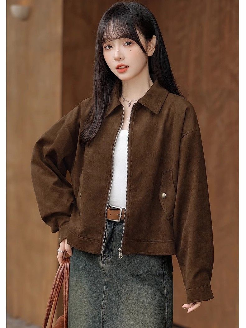 【Breathable and Warm Design】2025 Sweet and Cool Playful Coffee Short Jacket for Women Spring and Autumn New American Retro Zipper Lapel Jacket Top