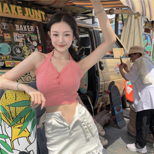 Tmall quality short neck halter top summer suspender design feels like a strapless vest and a hot girl inside