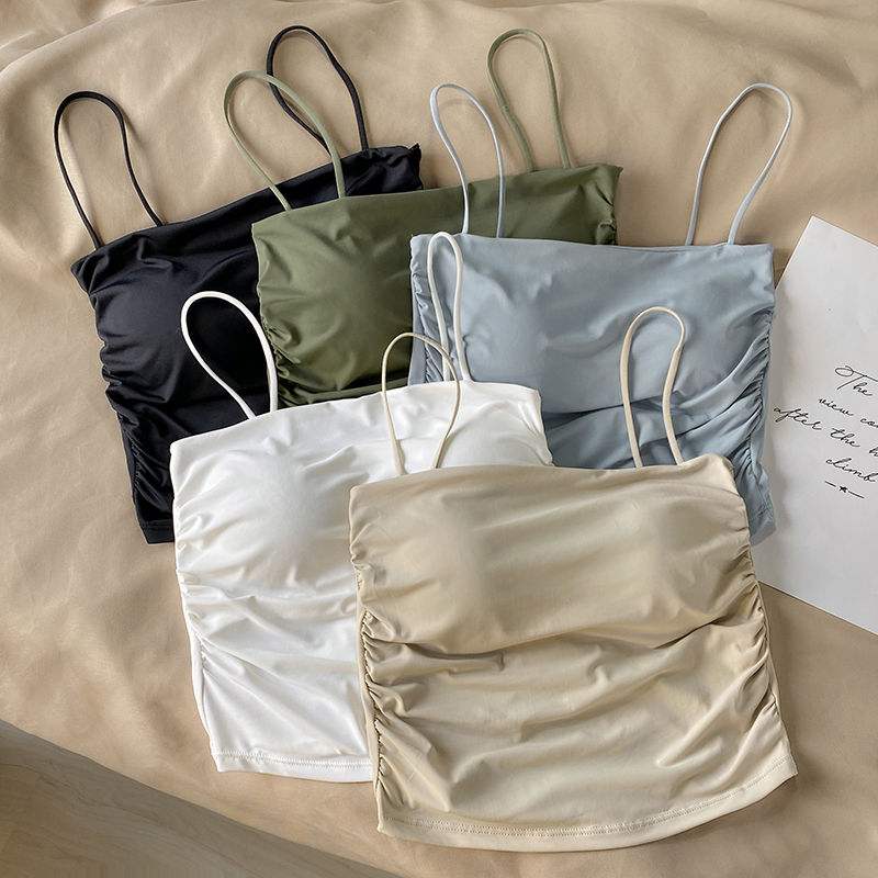 【1886 people praise】Hong Kong style ice silk small suspender vest for women with summer breast pads Hot girls base beautiful back short top can be worn outside