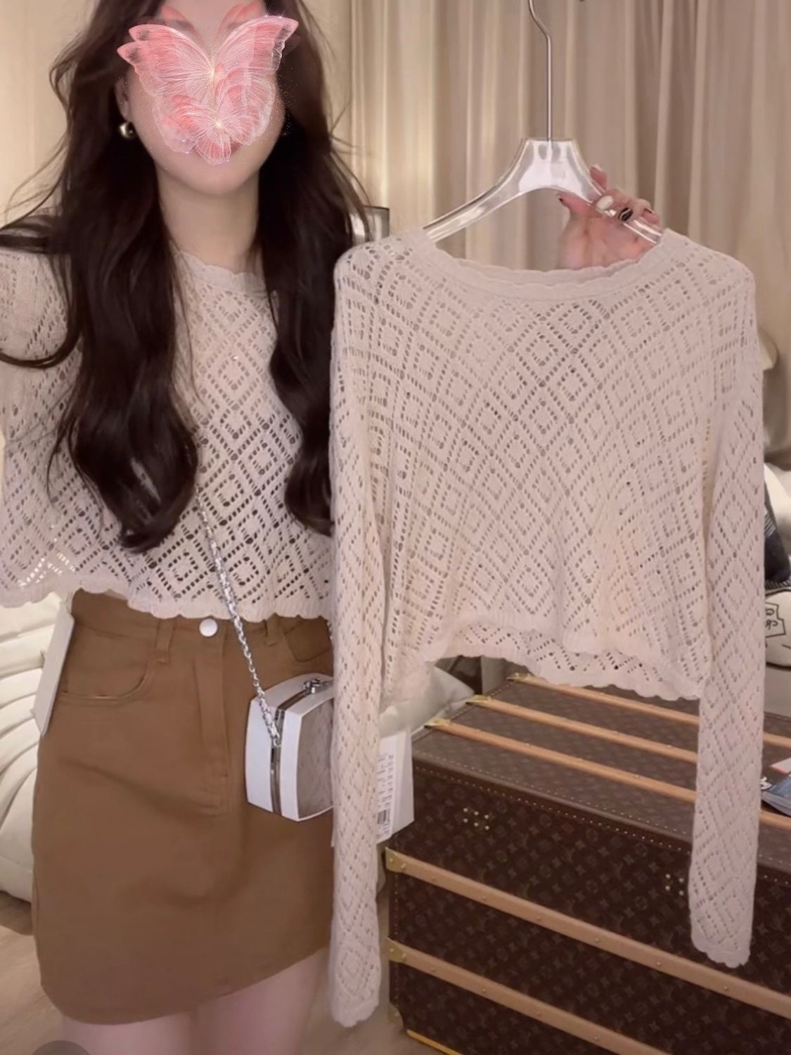 Sweet hollowed-out shirt thin knitted sunscreen shirt loose short pullover women's 2023 spring and summer top