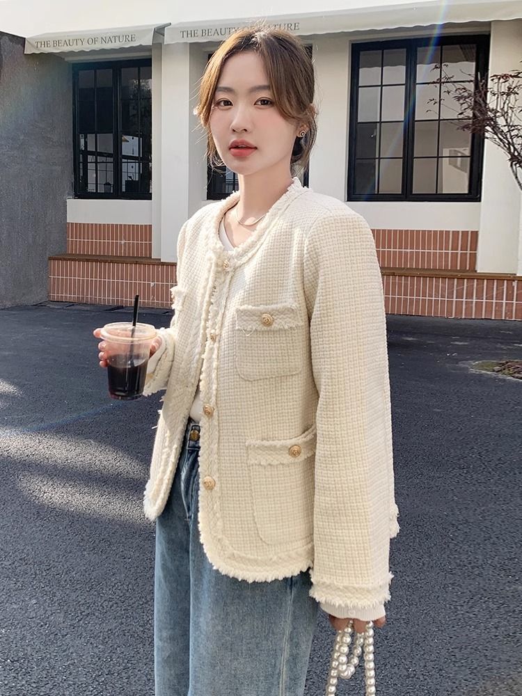 French white small fragrance cardigan jacket for women in spring and autumn thin high-end and gentle short small outerwear
