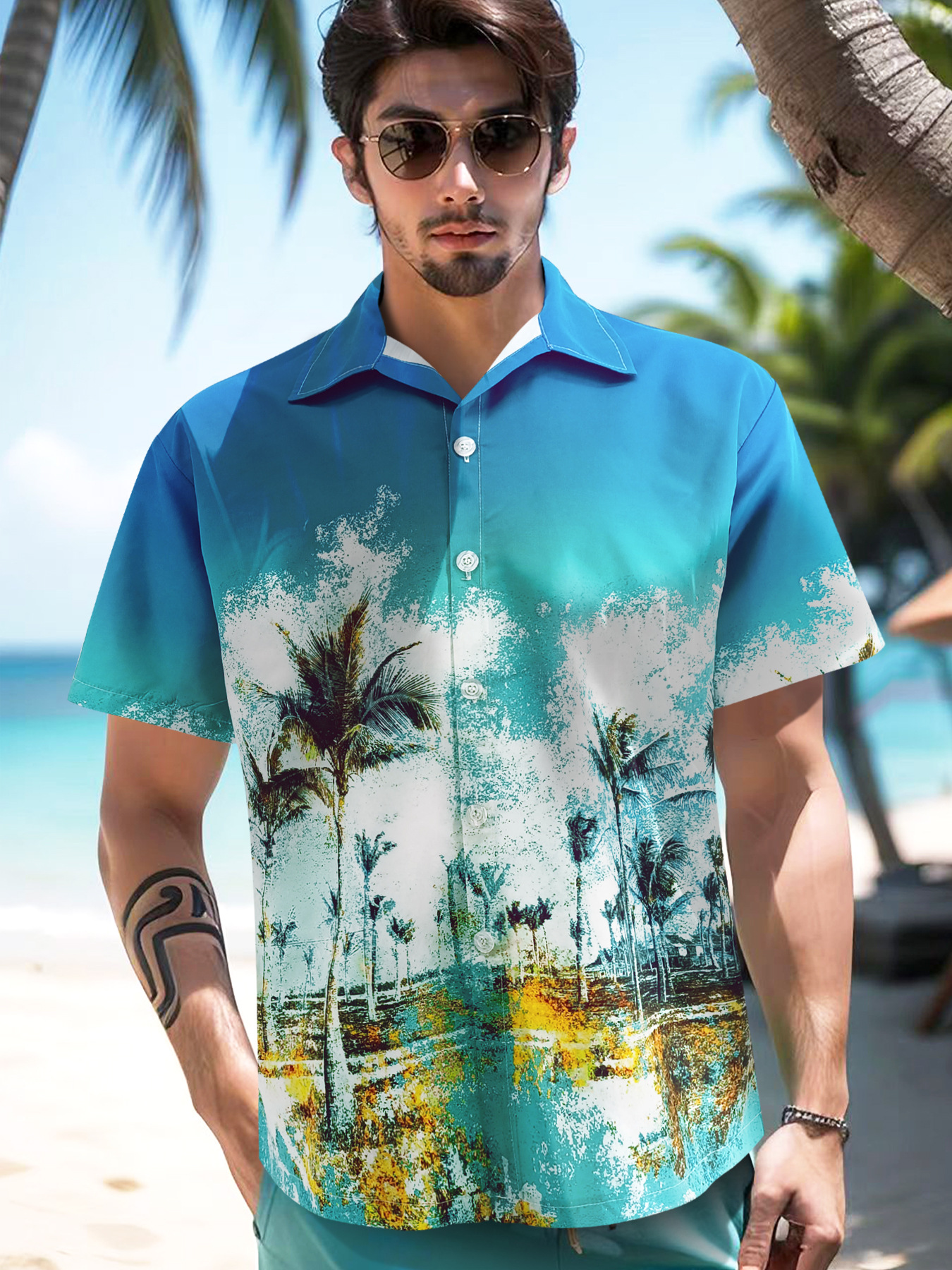 New men's floral shirt Hawaiian shirt Coconut print loose beach vacation style short-sleeved shirt