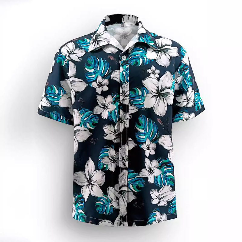 Men's Hawaiian Flower Shirt White Floral Print Men's Trendy Shirt Beach Vacation Style Short Sleeve Shirt