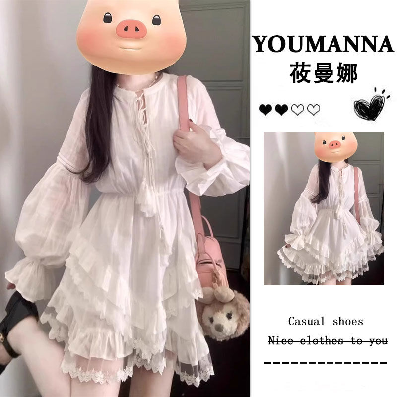 Princess Yumanna long-sleeved short skirt for women in early spring new gentle style pure and irregular waist-hugging cake dress