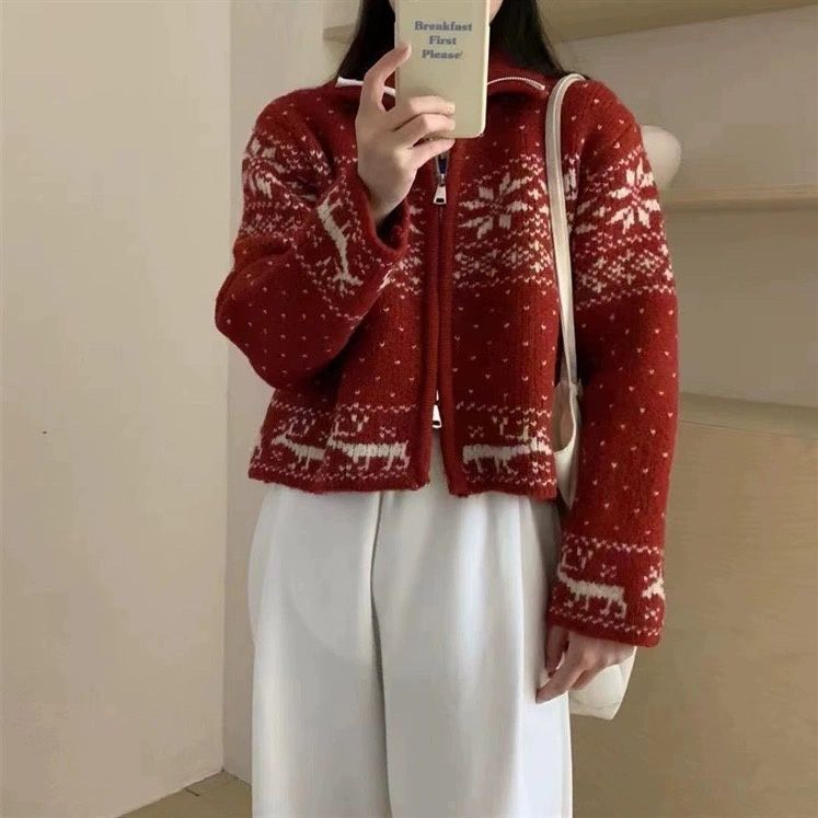 【Long Sleeve Design】Christmas knitted sweater for women in autumn and winter new retro jacquard short slim red zipper cardigan jacket