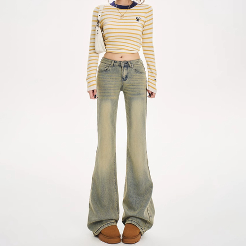 Retro hot girl used low waist slightly flared jeans for women in spring and autumn new yellow mud dyed elastic slim fit slim flared pants