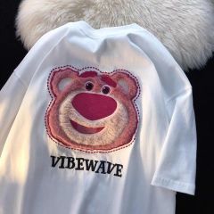 100% pure cotton strawberry bear printed T-shirt short-sleeved men and women summer trendy brand Hong Kong style loose ins T-shirt couple style