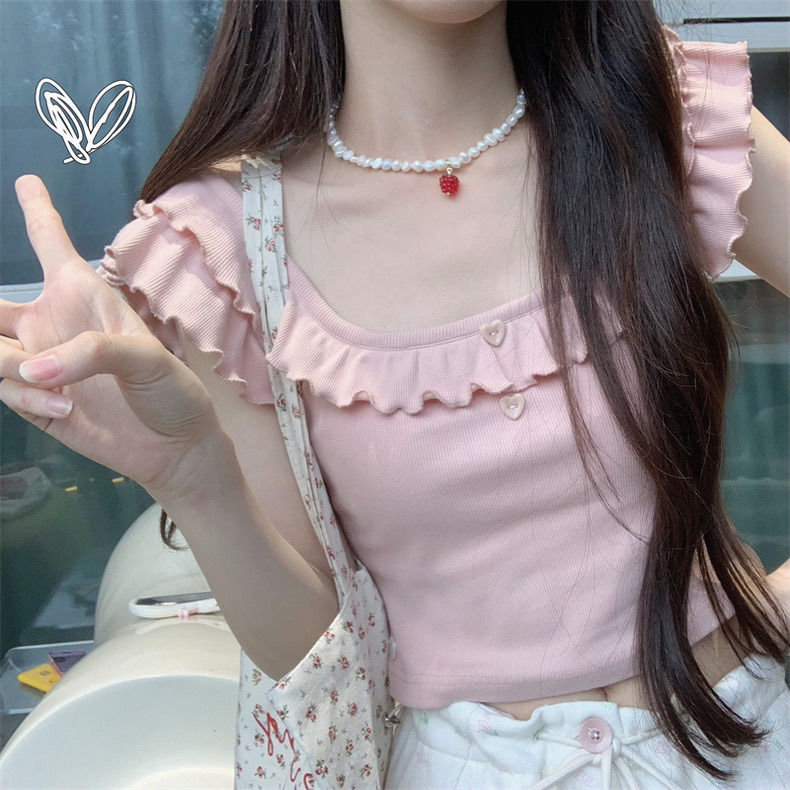 【1671 people collect】Sweet and age-reducing small flying sleeve pink sweater for women in summer new design sense wood ear slim short-sleeved t-top