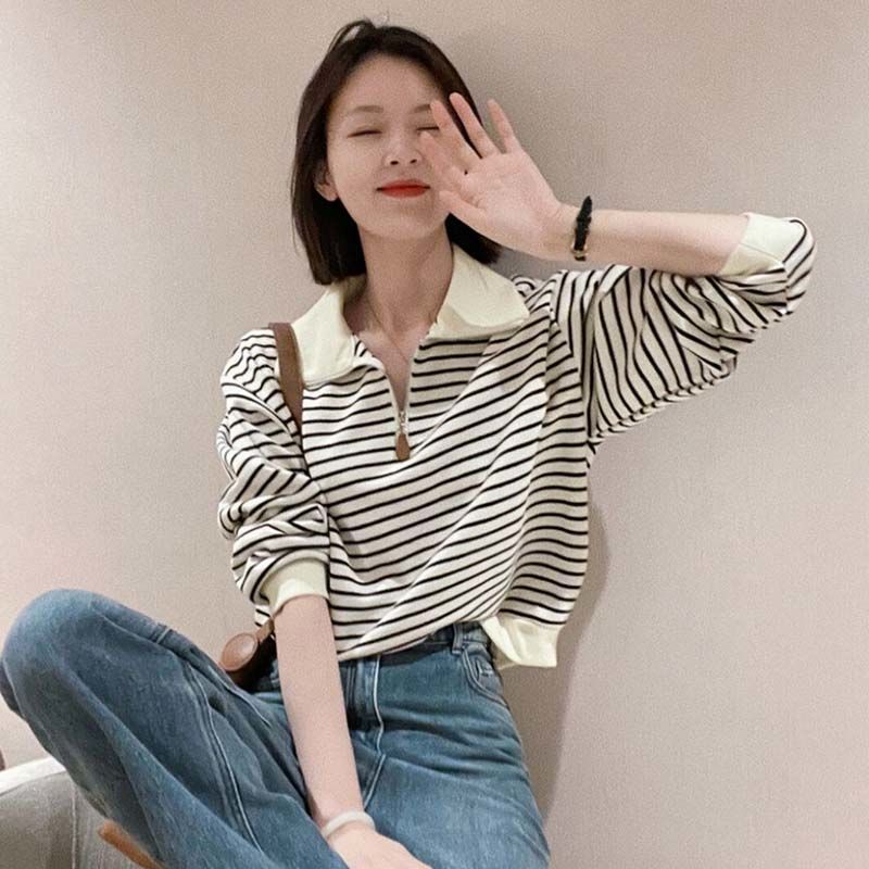 polo collar zipper striped sweater women's spring and autumn new loose sweater lapel sweater women's short top