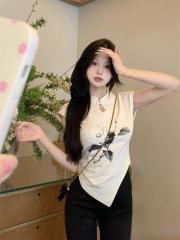 New Chinese style Chinese style short sleeve T-shirt for women in summer slim short top stand collar niche irregular design