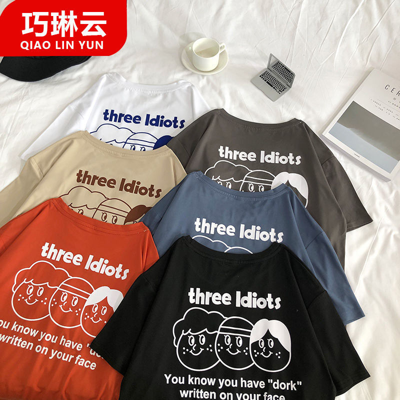 100% pure cotton Korean summer new short-sleeved round neck T-shirt for female students loose simple and careful ins style