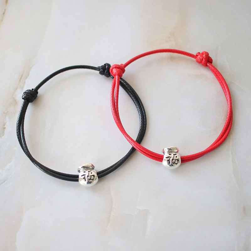 Niche design simple and fresh red rope lucky bag happy letter bracelet couple men and women pure handmade bracelet manufacturer source