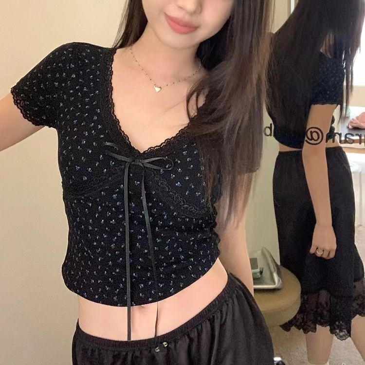 Summer bow top slim short base shirt design niche lace floral short sleeve T-shirt for women