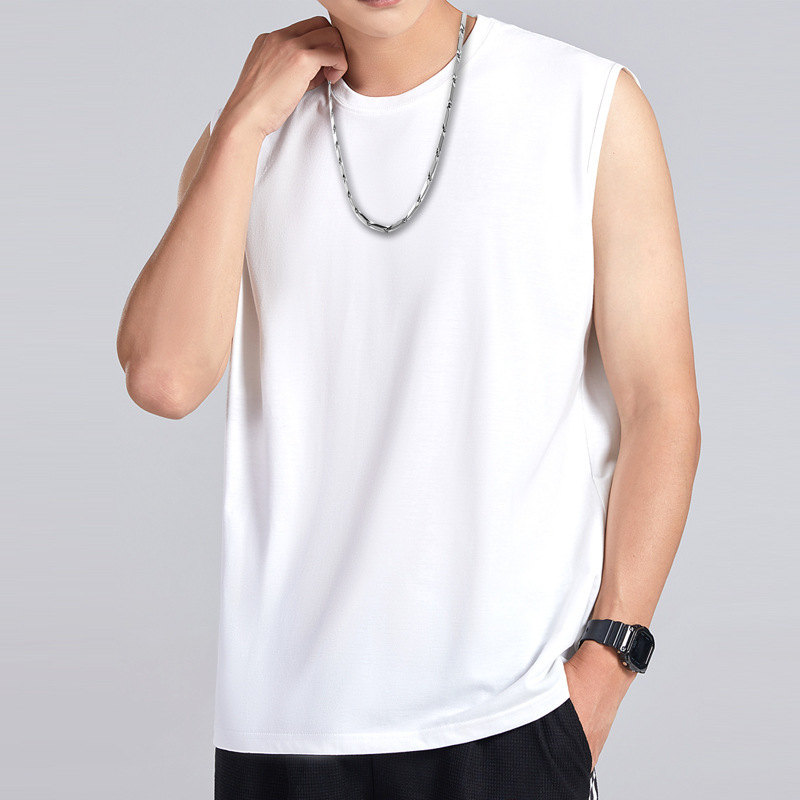Men's heavy American wide shoulder vest sports sleeveless T-shirt round neck loose base top solid color breathable