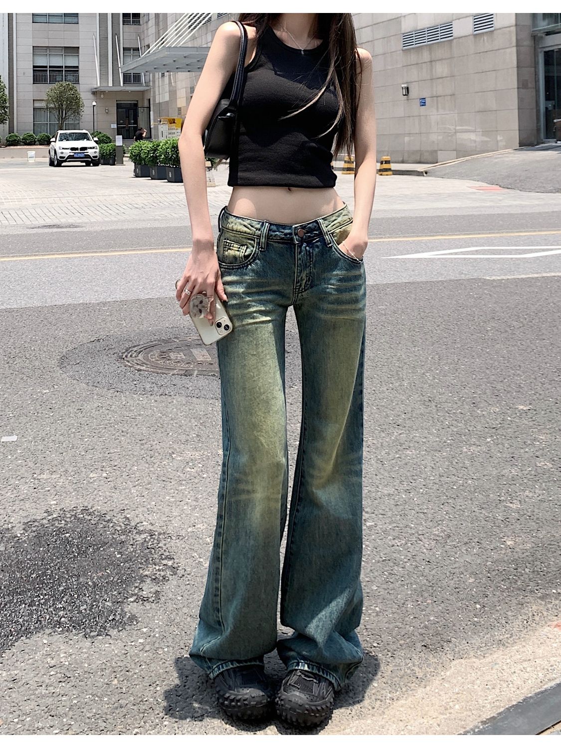 Old retro jeans for women in autumn design niche high waist slim narrow version straight pants floor trousers trendy