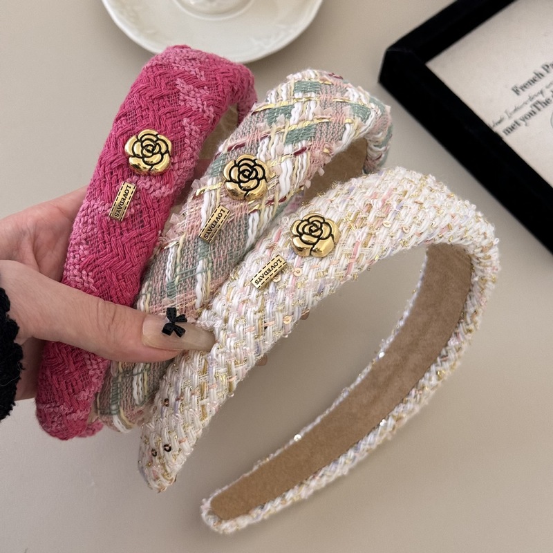 French girly camellia knitted sponge headband high skull top retro small fragrance wide edge headband sweet temperament
