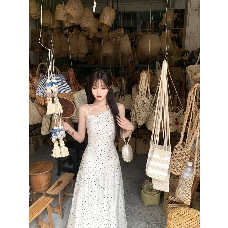 【1961 people collect】French polka dot printed off-shoulder suspender dress Summer new dopamine temperament slim and fashionable casual long skirt