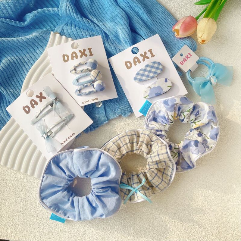 Korean fabric blue small fresh plaid floral large intestine hair ring BB clip bow hair pin hair rope