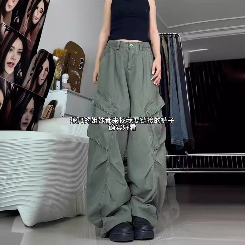 American retro hip-hop pleated work pants for women in summer new high-waist loose wide-leg slimming straight jeans